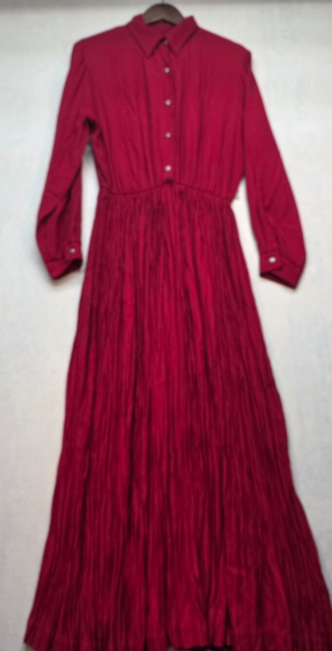 Vtg 90s Stonebridge Red Pleated Maxi Priarie Whimsigoth Cottagecore Dress (12)